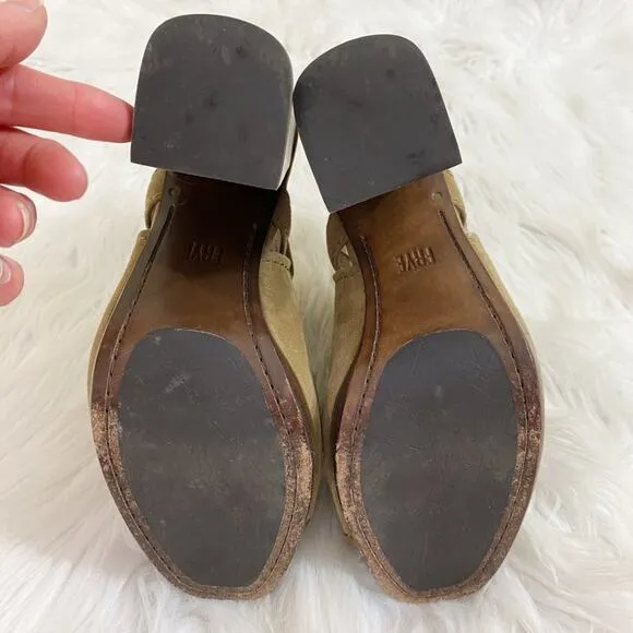 Frye Tan Suede Open Toe Mules Women's Size 7.5 Adjustable Straps Stacked Heel