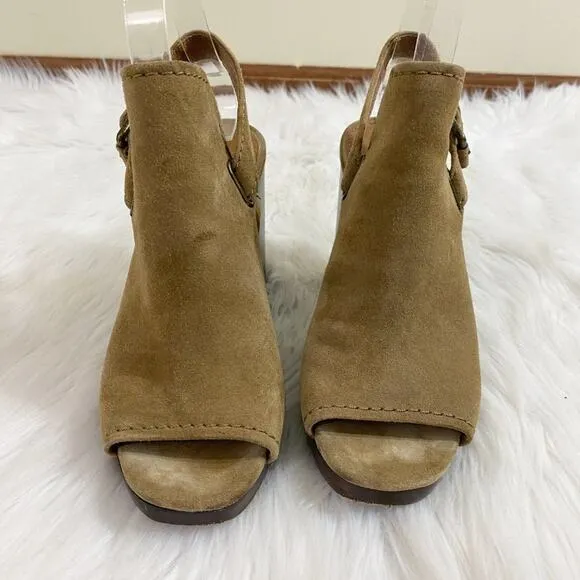 Frye Tan Suede Open Toe Mules Women's Size 7.5 Adjustable Straps Stacked Heel