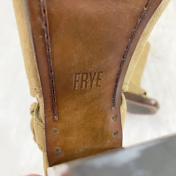 Frye Tan Suede Open Toe Mules Women's Size 7.5 Adjustable Straps Stacked Heel