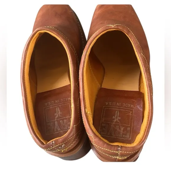 FRYE vintage British Tan Leather Square Toe campus Western Mules Slip On Shoes