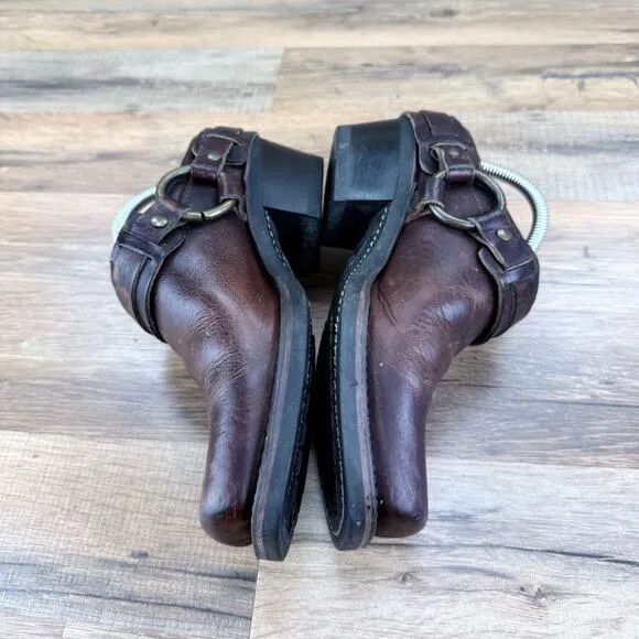 FRYE Women 6.5 M Mules Clogs Boots Brown Leather Belted Harness USA Distressed