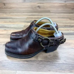 FRYE Women 6.5 M Mules Clogs Boots Brown Leather Belted Harness USA Distressed