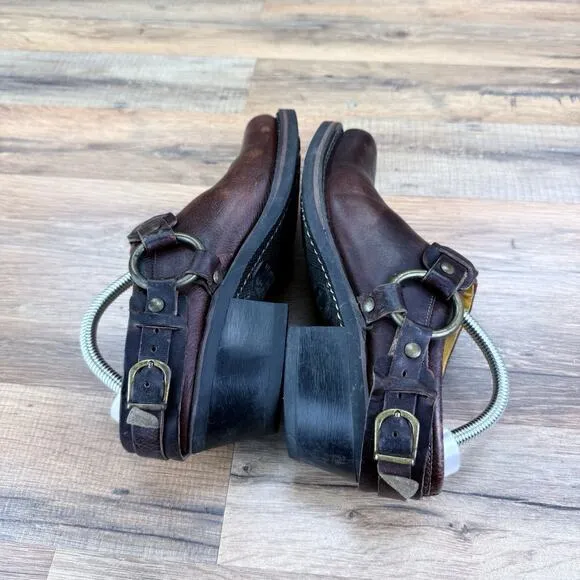 FRYE Women 6.5 M Mules Clogs Boots Brown Leather Belted Harness USA Distressed