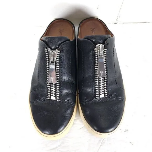 Frye women's Lena Zip US 7,5M Black Leather Slip On Flat Mules Sneakers Shoes