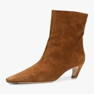 FSJ Brown Suede Square Toe Comfort Kitten Low Heel Ankle Boot Pull On Boot