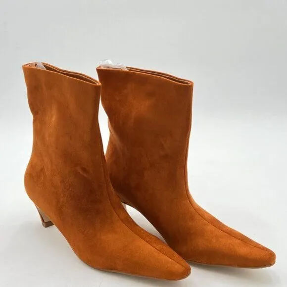 FSJ Brown Suede Square Toe Comfort Kitten Low Heel Ankle Boot Pull On Boot