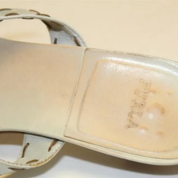 FURLA White Leather 2 Strap Slides Brown Stitches