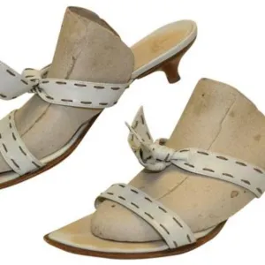 FURLA White Leather 2 Strap Slides Brown Stitches