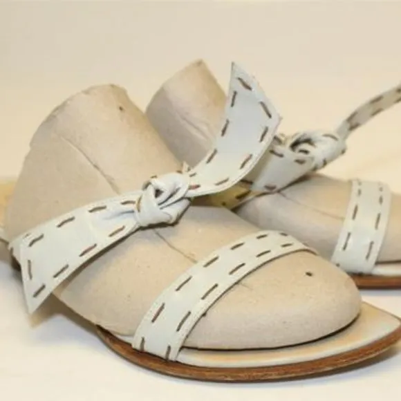 FURLA White Leather 2 Strap Slides Brown Stitches