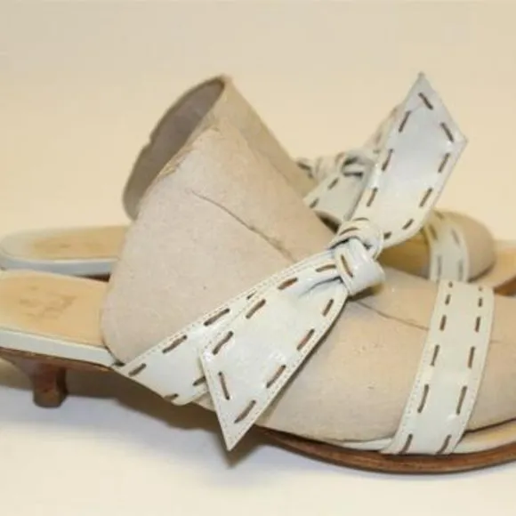 FURLA White Leather 2 Strap Slides Brown Stitches