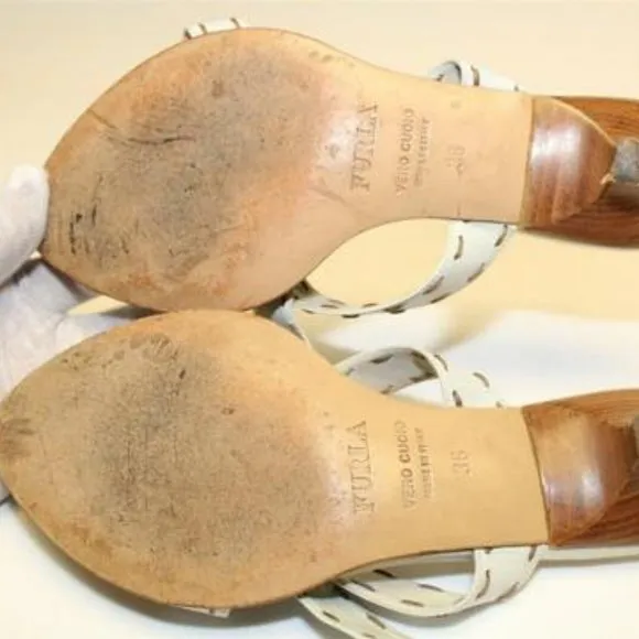 FURLA White Leather 2 Strap Slides Brown Stitches