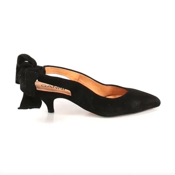Ganni Tie Back Kitten Heels Black Suede Size 6 (36)