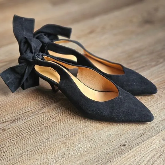 Ganni Tie Back Kitten Heels Black Suede Size 6 (36)