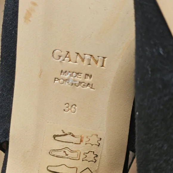 Ganni Tie Back Kitten Heels Black Suede Size 6 (36)