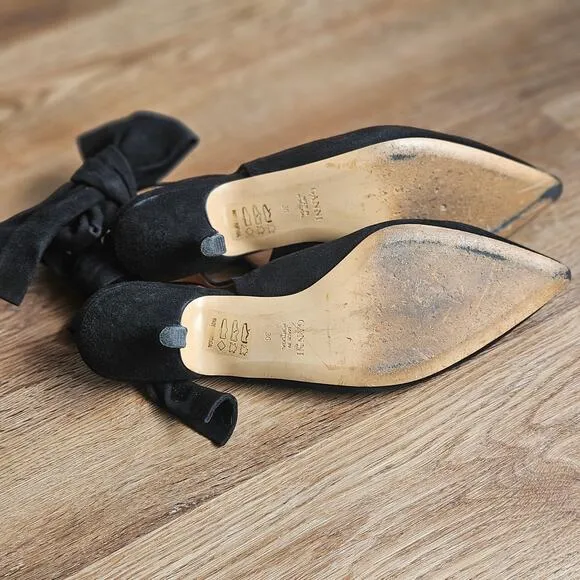 Ganni Tie Back Kitten Heels Black Suede Size 6 (36)