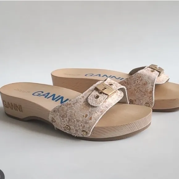 GANNI X Dr. Scholl Clogs Pescura Heel Floral Wooden Buckle Chunky Slide Sandal 8