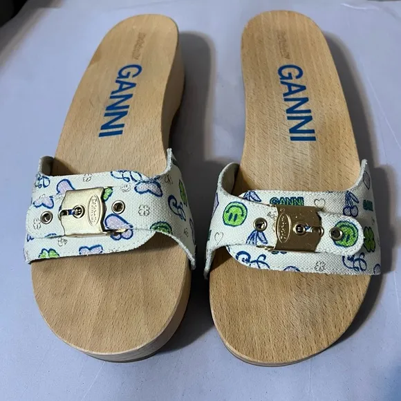 Ganni x Scholl Pescura Sandal Wooden Mules Clogs Size 9 Made in Italy
