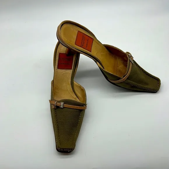 Geoffredo Fantini Mules Olive Green Canvas and Leather Mule/Slides Size 39