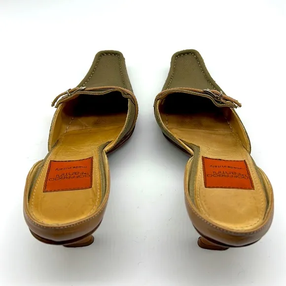 Geoffredo Fantini Mules Olive Green Canvas and Leather Mule/Slides Size 39