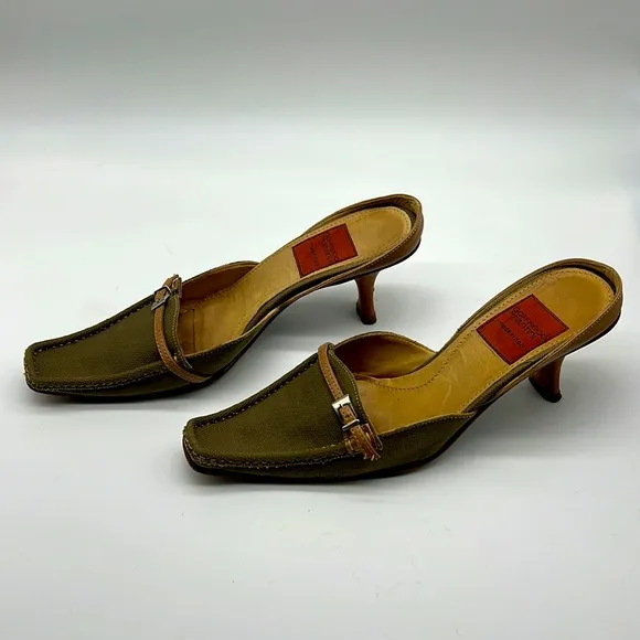 Geoffredo Fantini Mules Olive Green Canvas and Leather Mule/Slides Size 39