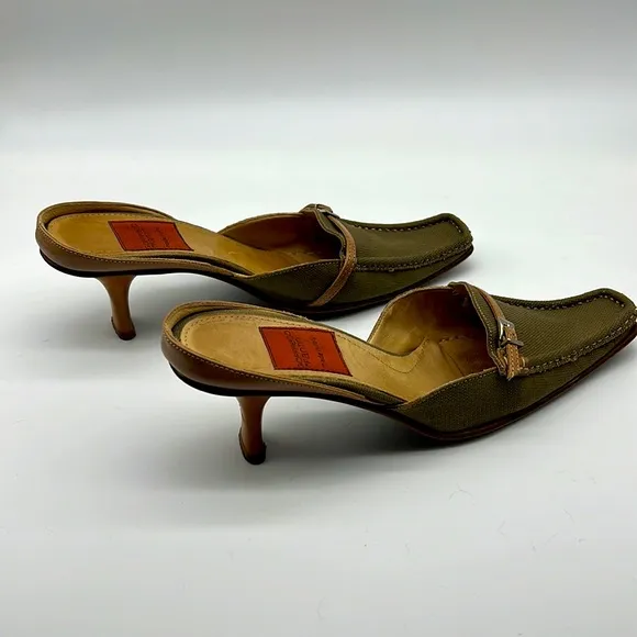 Geoffredo Fantini Mules Olive Green Canvas and Leather Mule/Slides Size 39