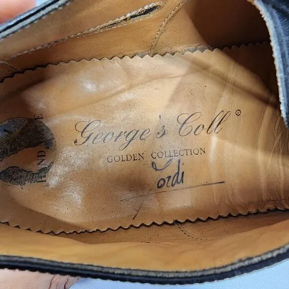 George's Coll Size 7.5 Mens Handmade SPAIN Black Leather Wingtip Oxfords K