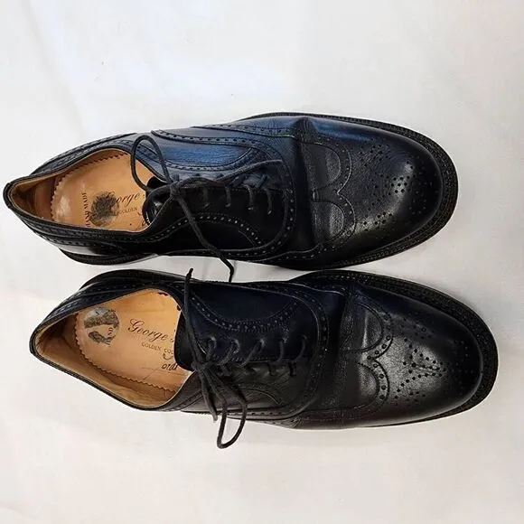 George's Coll Size 7.5 Mens Handmade SPAIN Black Leather Wingtip Oxfords K