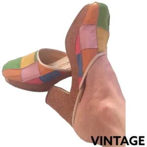 GEORGETOWNERS 70s Mules Cork Platform &amp; Heel Leather Color Block 6N VINTAGE​