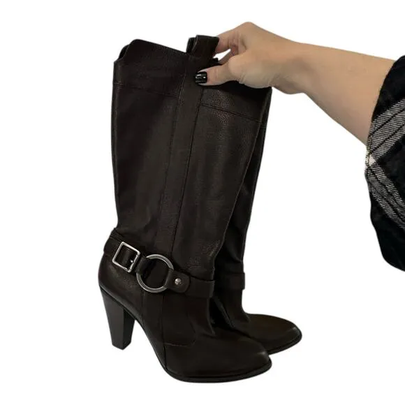 Gianni Bini Leather Midi Western Boots Brown Pull On Buckle Detail Cowgirl 7