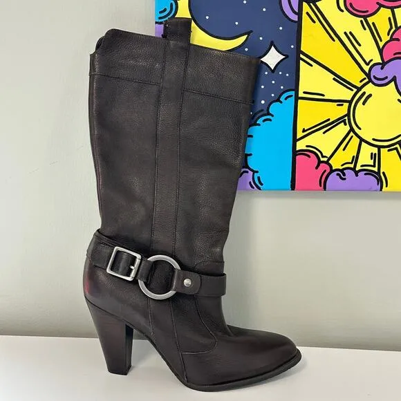 Gianni Bini Leather Midi Western Boots Brown Pull On Buckle Detail Cowgirl 7