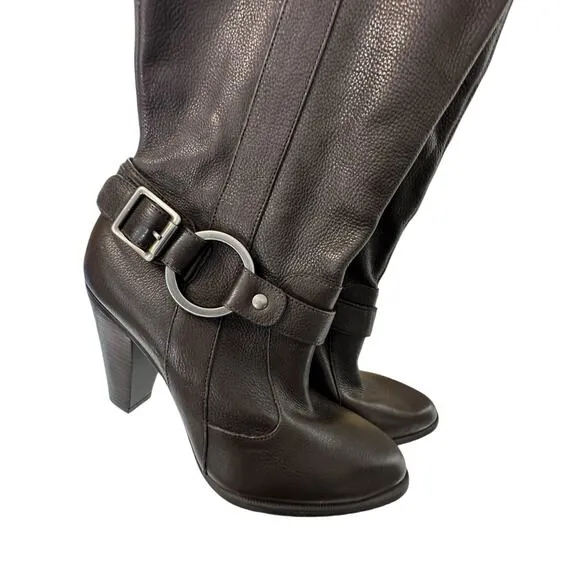 Gianni Bini Leather Midi Western Boots Brown Pull On Buckle Detail Cowgirl 7
