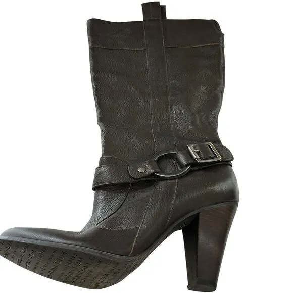 Gianni Bini Leather Midi Western Boots Brown Pull On Buckle Detail Cowgirl 7