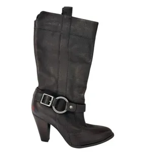 Gianni Bini Leather Midi Western Boots Brown Pull On Buckle Detail Cowgirl 7