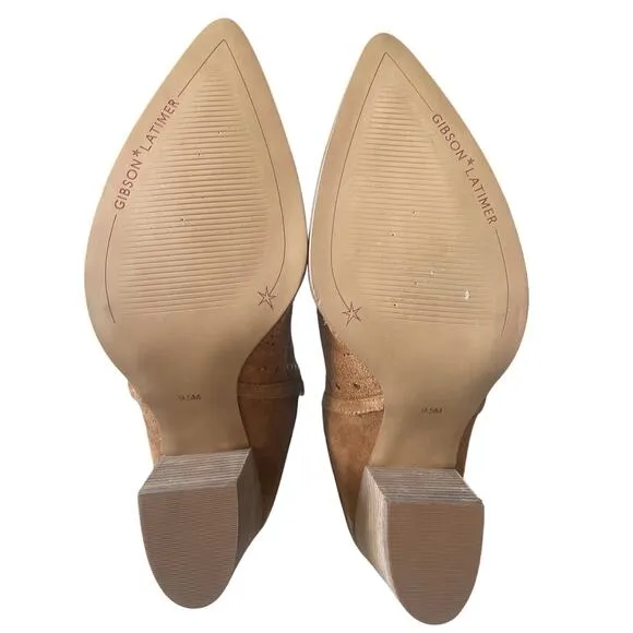 Gibson &amp; Latimer Nora Tan Perforated Suede Block Heel Mules Women's‎ Size 9.5