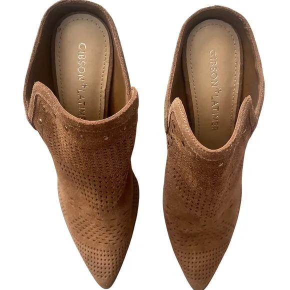 Gibson &amp; Latimer Nora Tan Perforated Suede Block Heel Mules Women's‎ Size 9.5