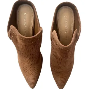 Gibson &amp; Latimer Nora Tan Perforated Suede Block Heel Mules Women's‎ Size 9.5