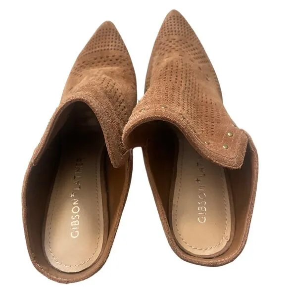 Gibson &amp; Latimer Nora Tan Perforated Suede Block Heel Mules Women's‎ Size 9.5