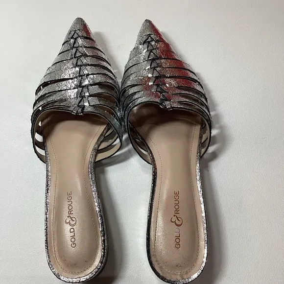 Gold &amp; Rouge Gunmetal Woven Pointed-Toe Mules with Flat Sole Size EU 38