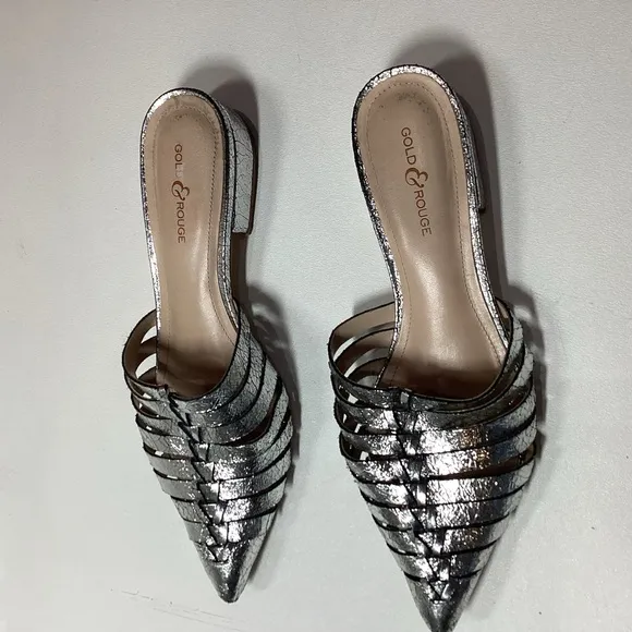 Gold &amp; Rouge Gunmetal Woven Pointed-Toe Mules with Flat Sole Size EU 38