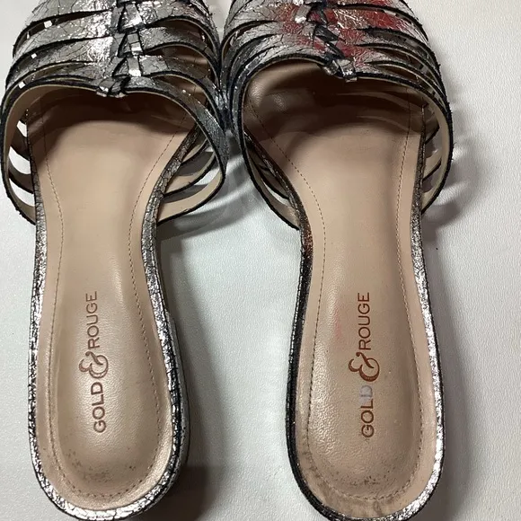 Gold &amp; Rouge Gunmetal Woven Pointed-Toe Mules with Flat Sole Size EU 38