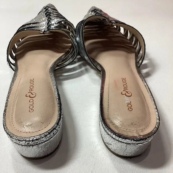 Gold &amp; Rouge Gunmetal Woven Pointed-Toe Mules with Flat Sole Size EU 38