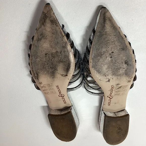 Gold &amp; Rouge Gunmetal Woven Pointed-Toe Mules with Flat Sole Size EU 38