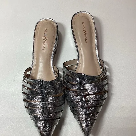 Gold &amp; Rouge Gunmetal Woven Pointed-Toe Mules with Flat Sole Size EU 38