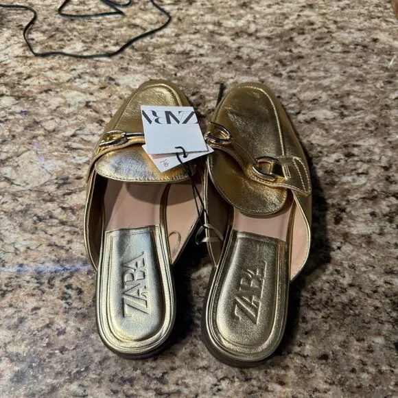 Gold Metallic Zara Leather Low Heel Mules Slip-Ons (NWT)