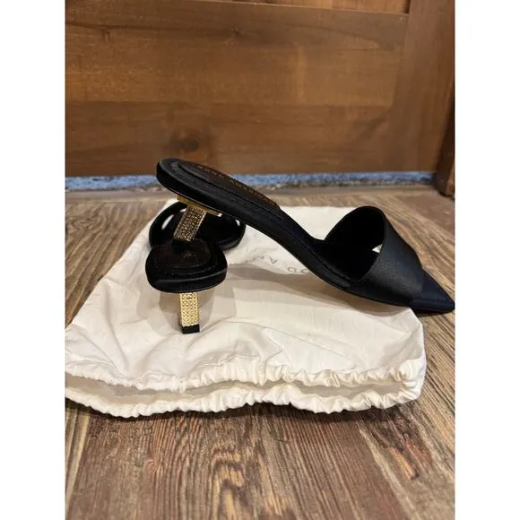Good American Black Mules with Gold and Rhinestone Kitten Heels, 9, NEW *NO BOX*