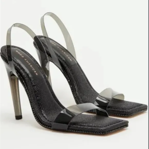 Good American Glitter 4” Slingback Heels Black size 8
