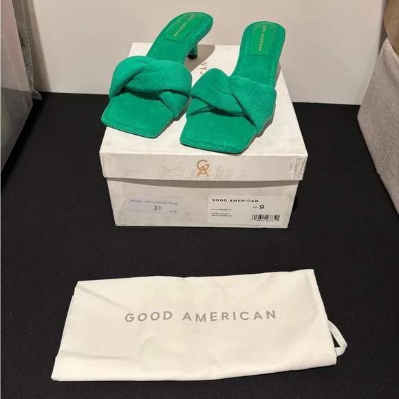 Good American Terry Kickstand Mules 9 GREEN TERRY NIB