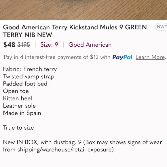 Good American Terry Kickstand Mules 9 GREEN TERRY NIB
