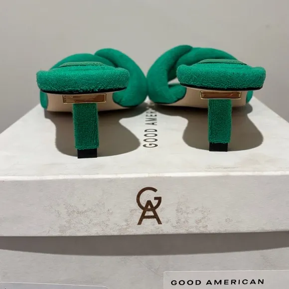 Good American Terry Kickstand Mules 9 GREEN TERRY NIB