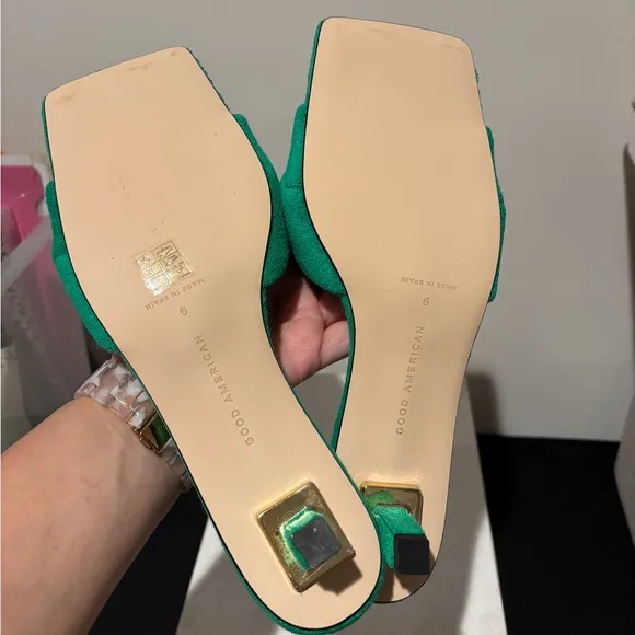 Good American Terry Kickstand Mules 9 GREEN TERRY NIB